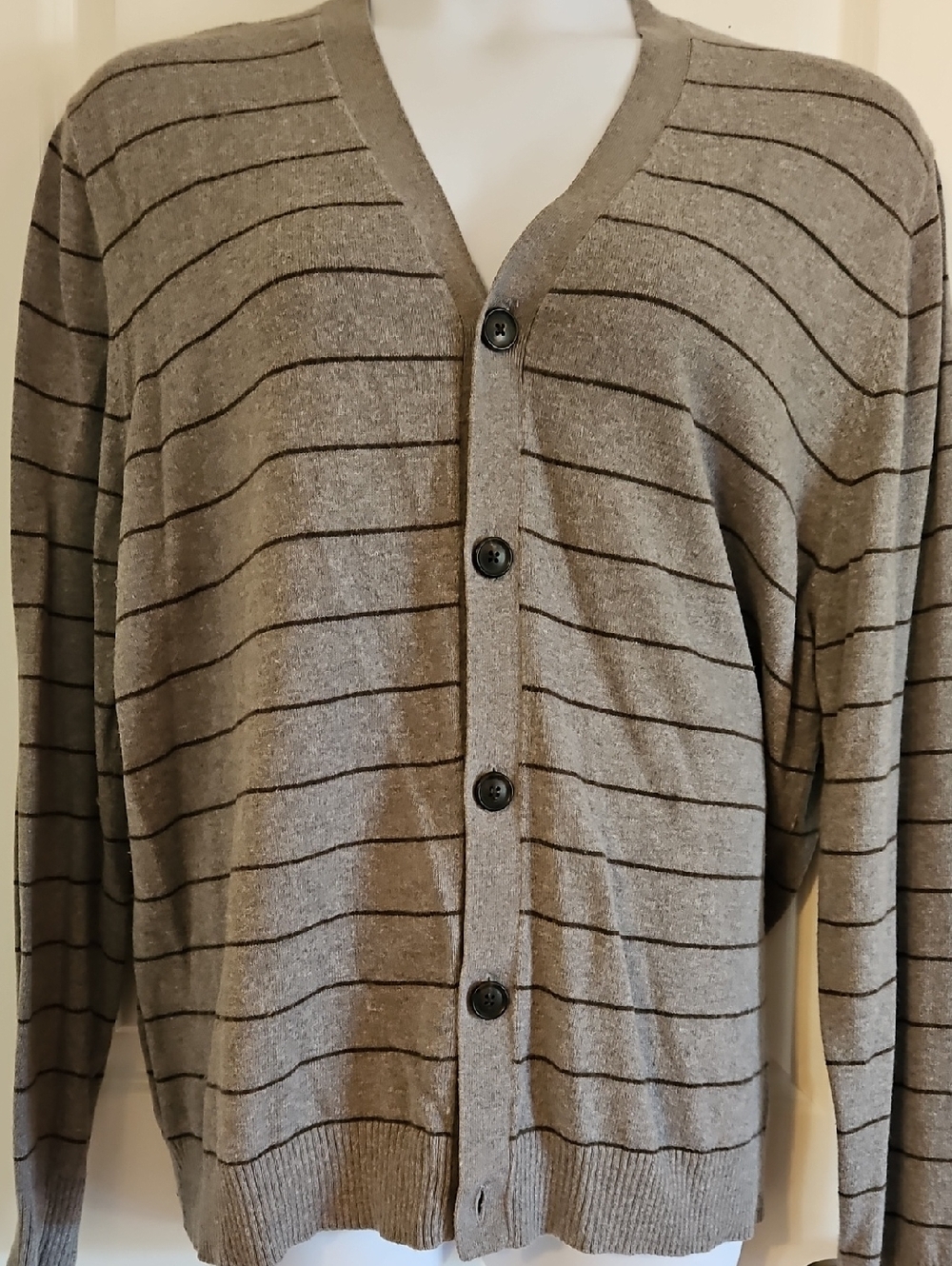 GAP Women's Gray With Dark Green Striped V-Neck Button Cardigan